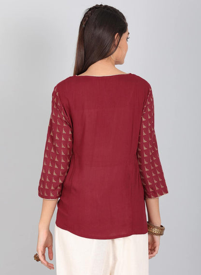 Red Printed Round Neck Top - wforwoman