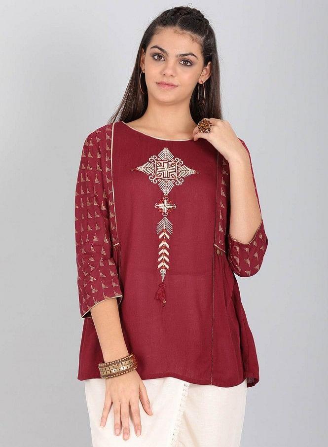 Red Printed Round Neck Top - wforwoman