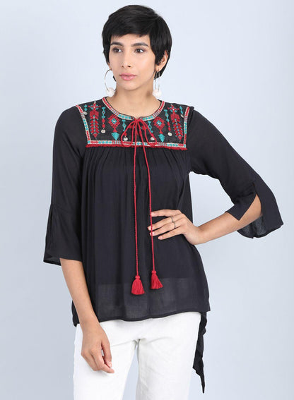 Black Round Neck Tie-Up Top - wforwoman