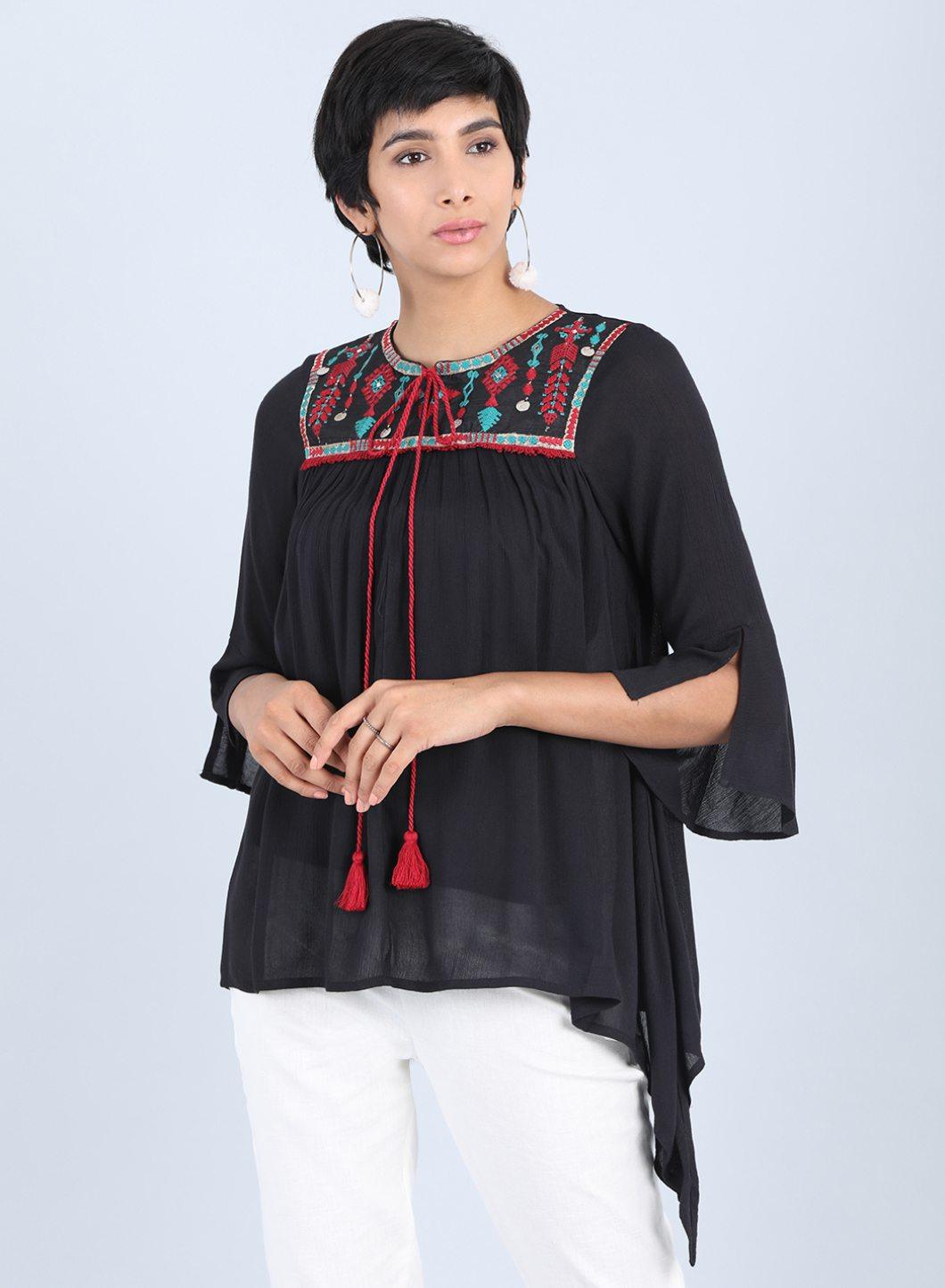 Black Round Neck Tie-Up Top - wforwoman