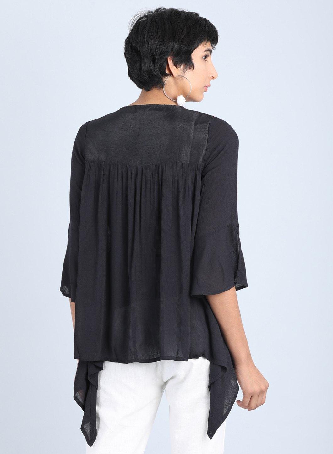 Black Round Neck Tie-Up Top - wforwoman