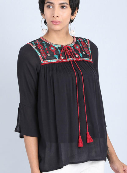 Black Round Neck Tie-Up Top - wforwoman