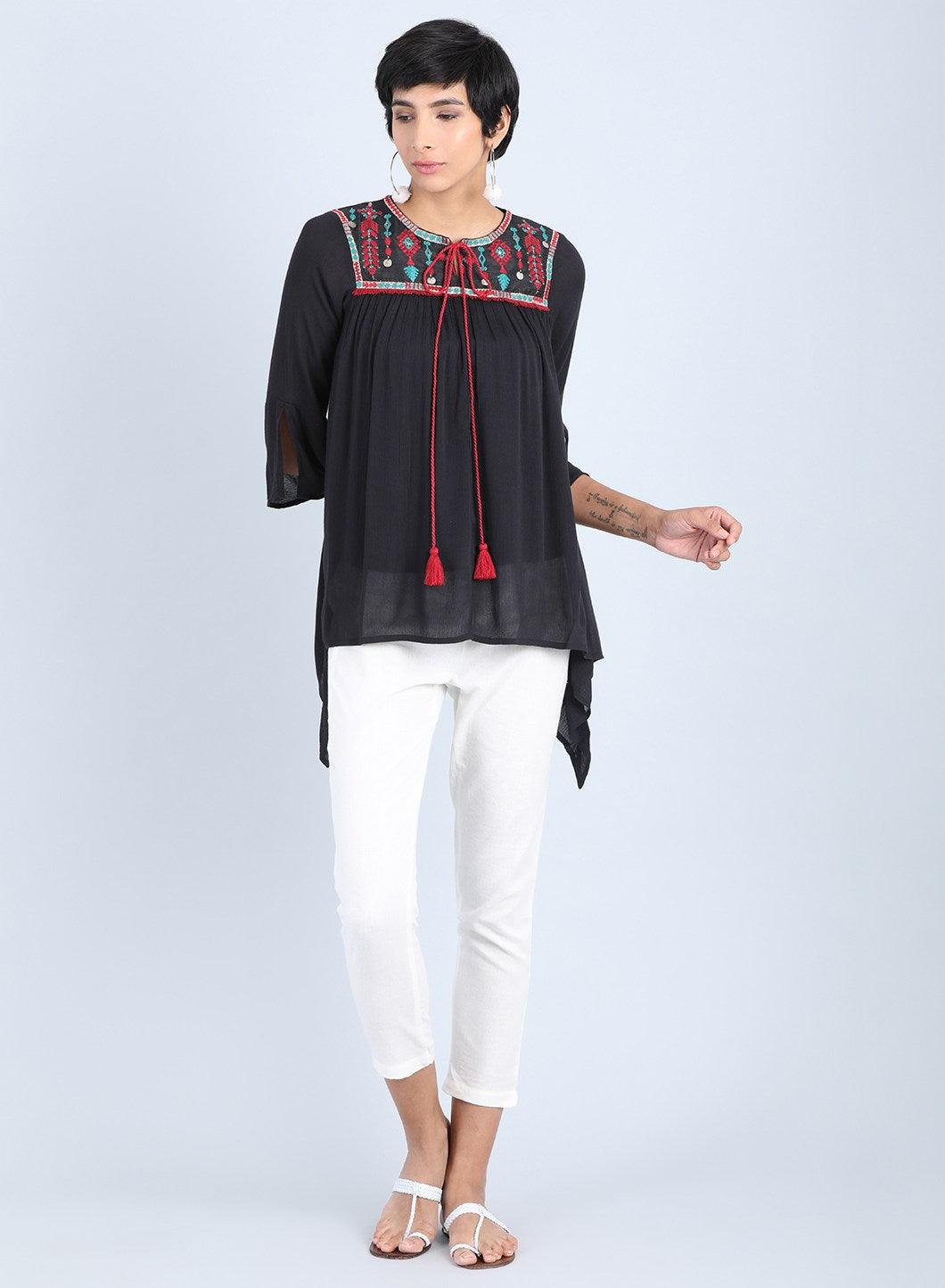 Black Round Neck Tie-Up Top - wforwoman