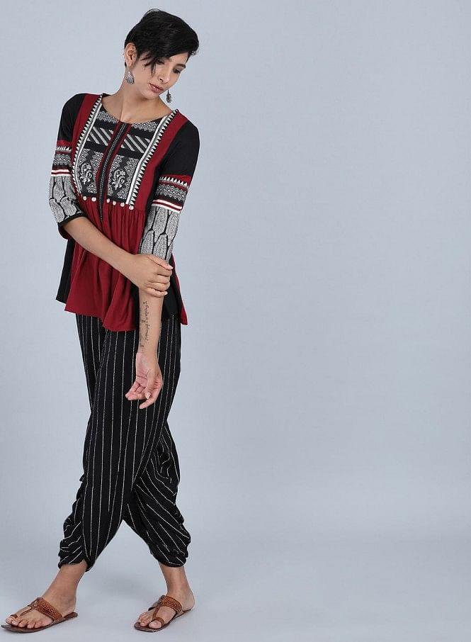 Maroon Round Neck Printed Top - wforwoman