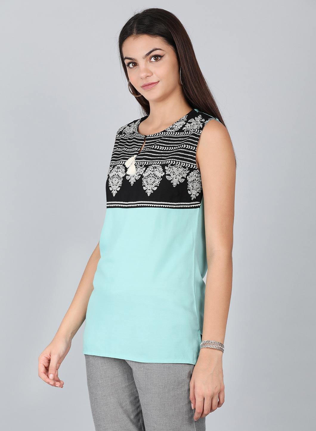 Blue Round Neck Printed Top - wforwoman