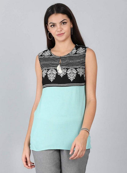 Blue Round Neck Printed Top - wforwoman