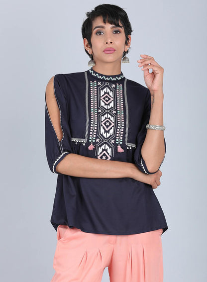 Blue Mandarin Neck Printed Top