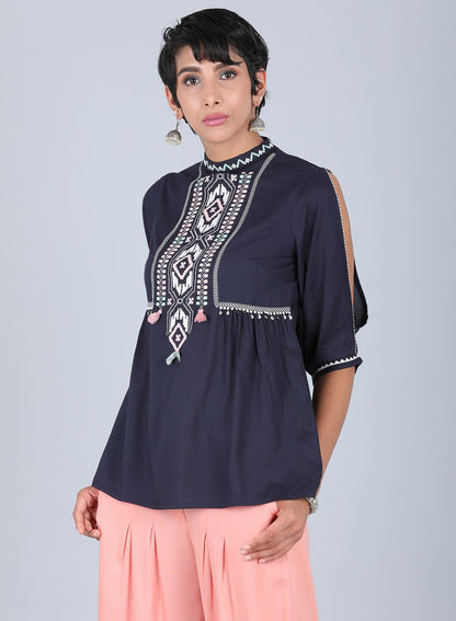 Blue Mandarin Neck Printed Top