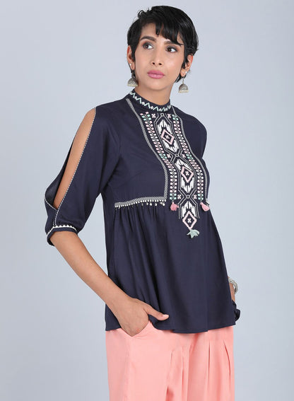 Blue Mandarin Neck Printed Top