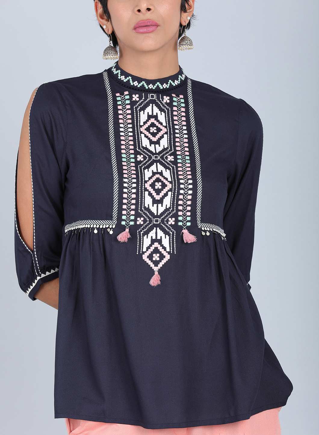 Blue Mandarin Neck Printed Top