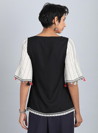 Black Round Neck Tassel Top - wforwoman