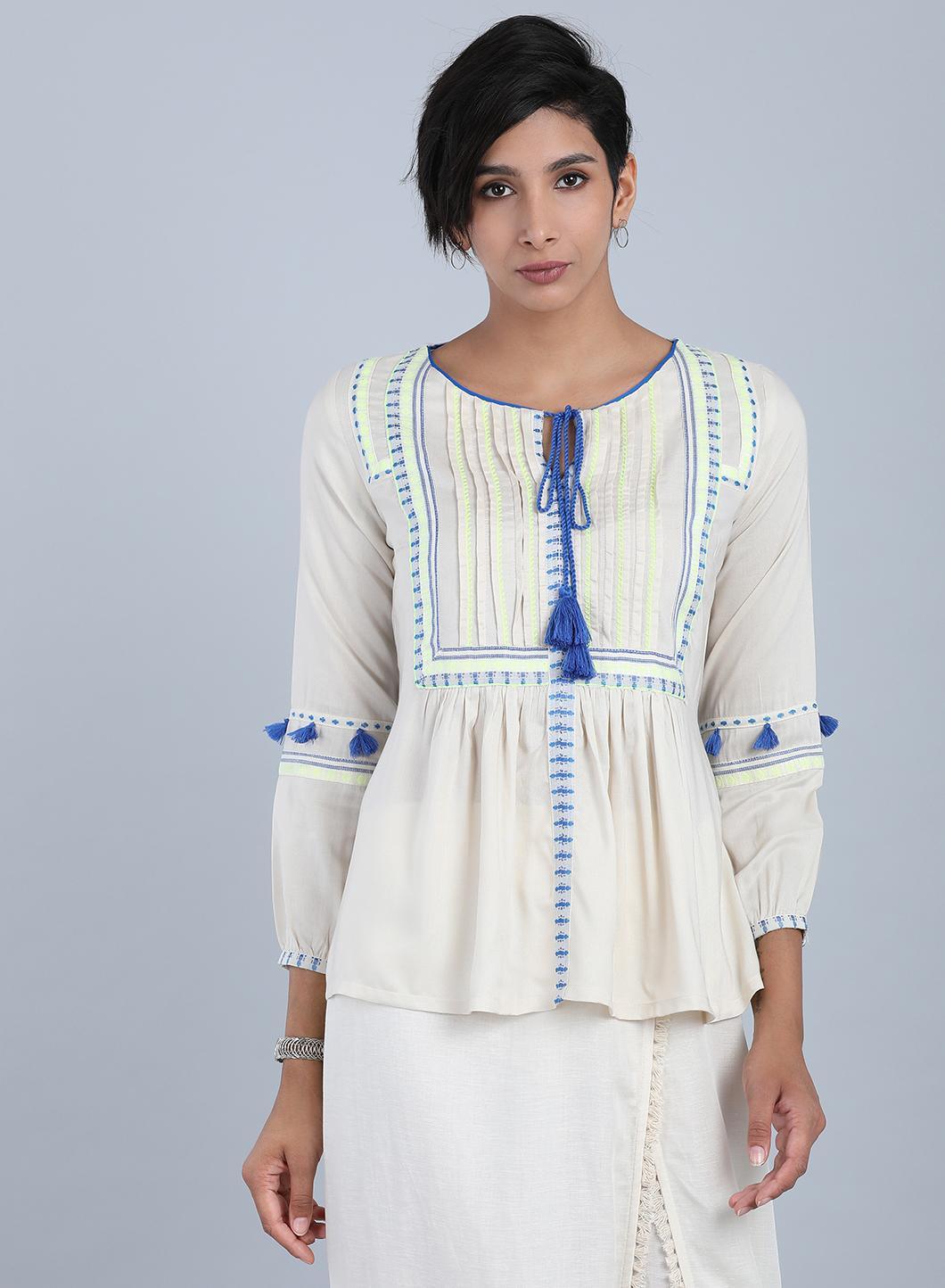 White &amp; Blue Round Neck Tie-Up Top - wforwoman