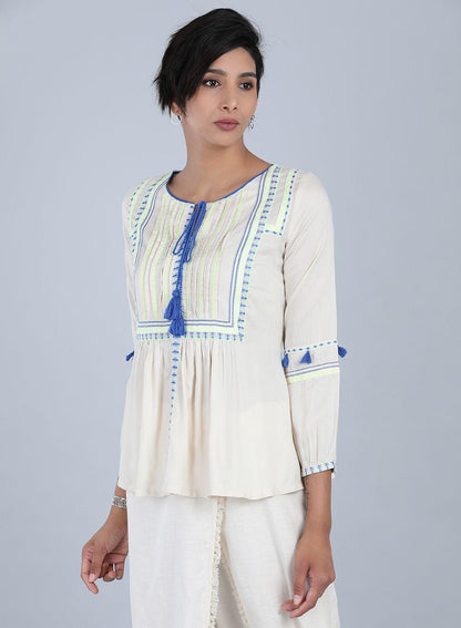 White &amp; Blue Round Neck Tie-Up Top - wforwoman