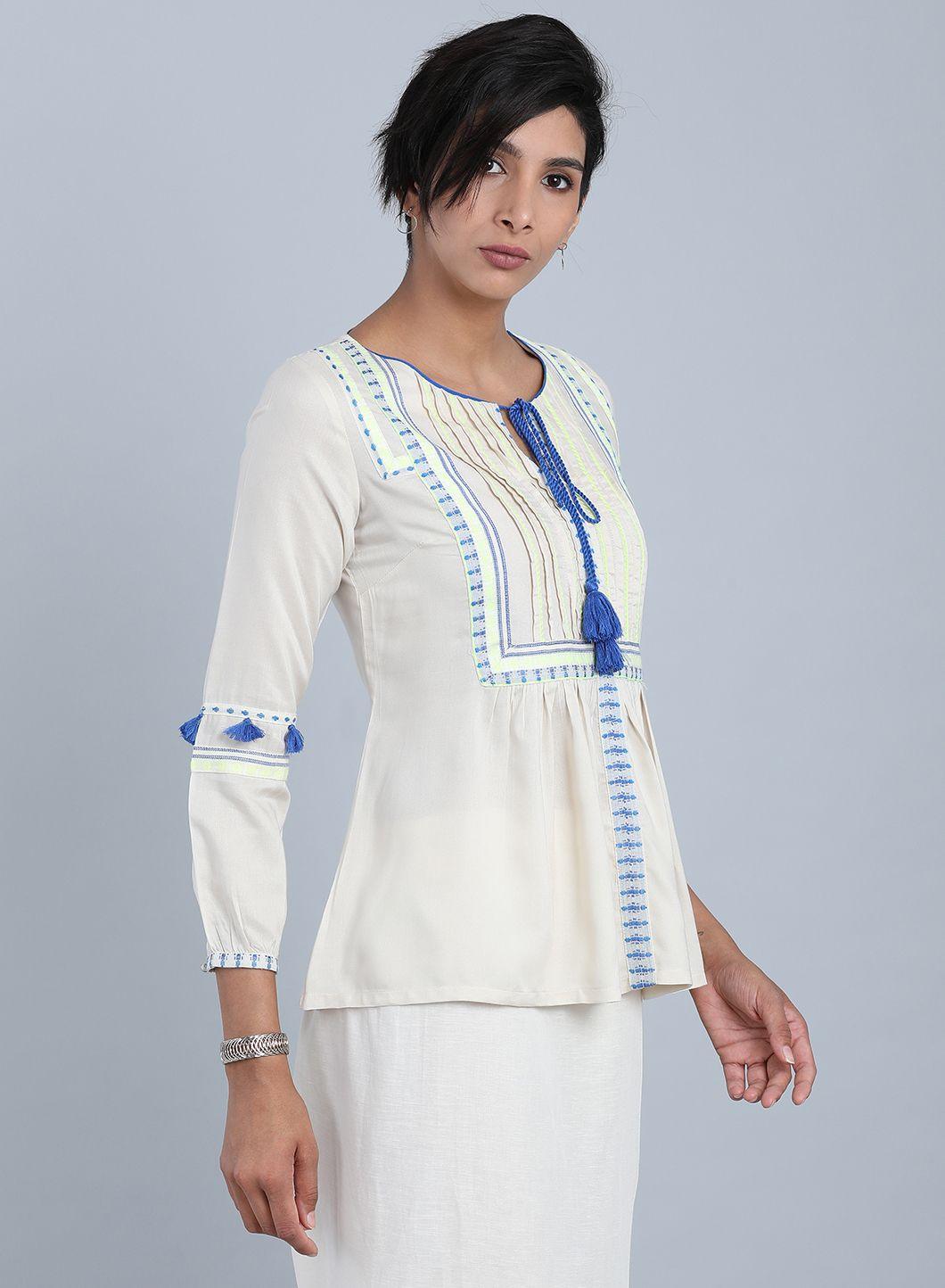 White &amp; Blue Round Neck Tie-Up Top - wforwoman