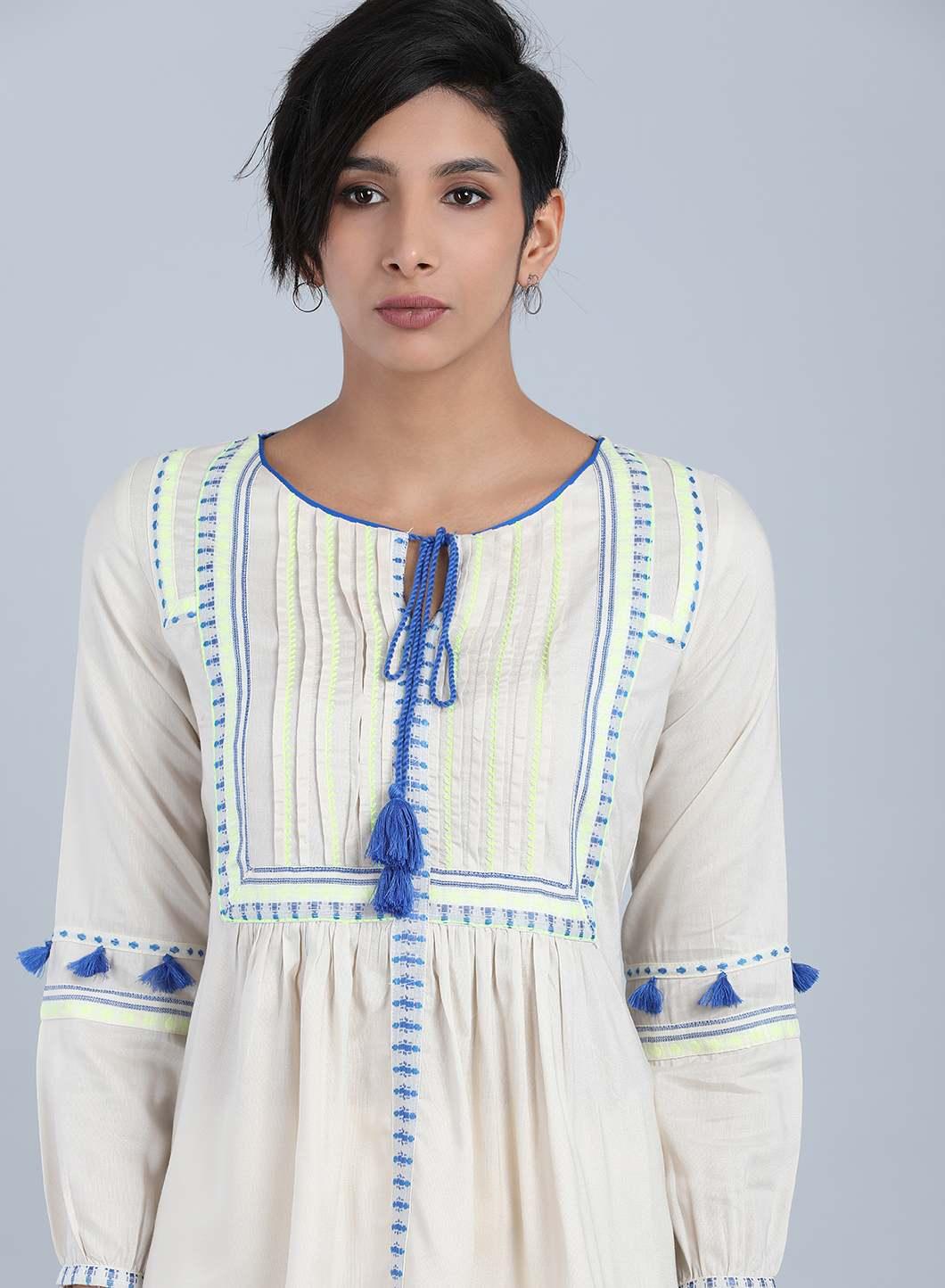 White &amp; Blue Round Neck Tie-Up Top - wforwoman