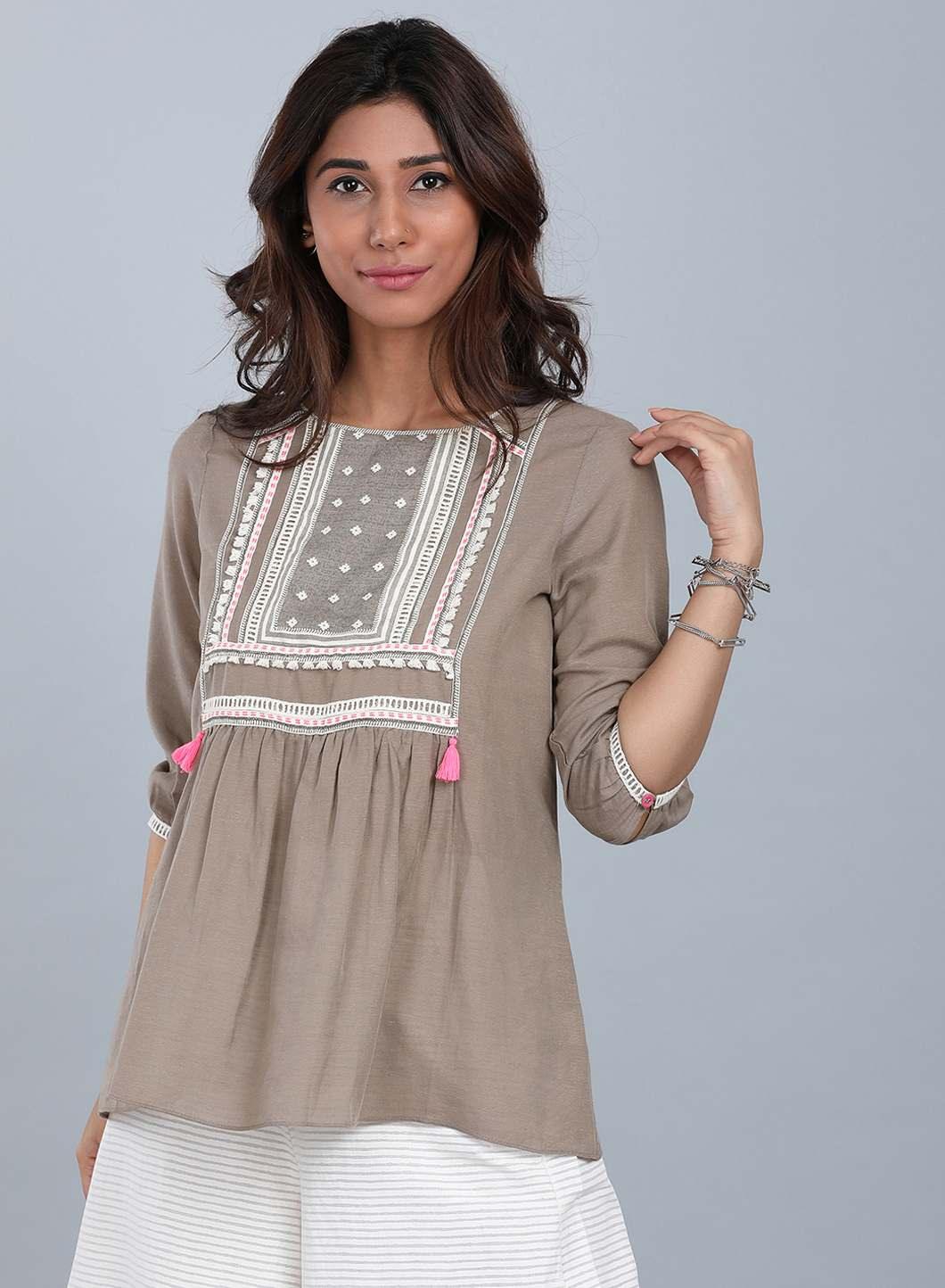 Brown Round Neck Tassel Top - wforwoman