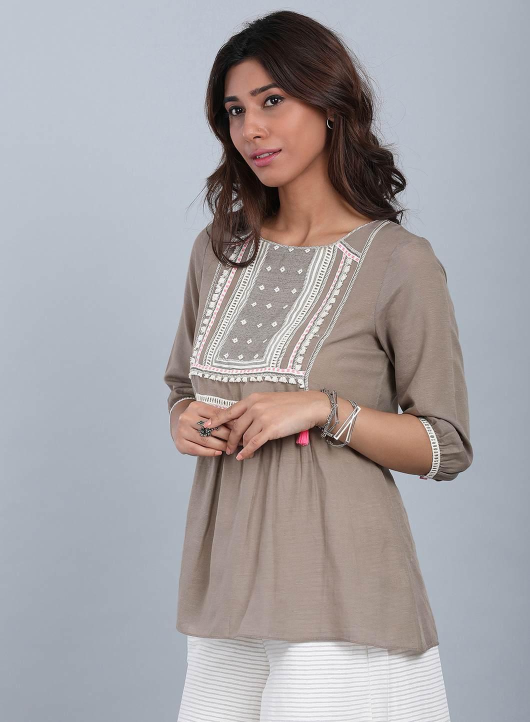 Brown Round Neck Tassel Top - wforwoman