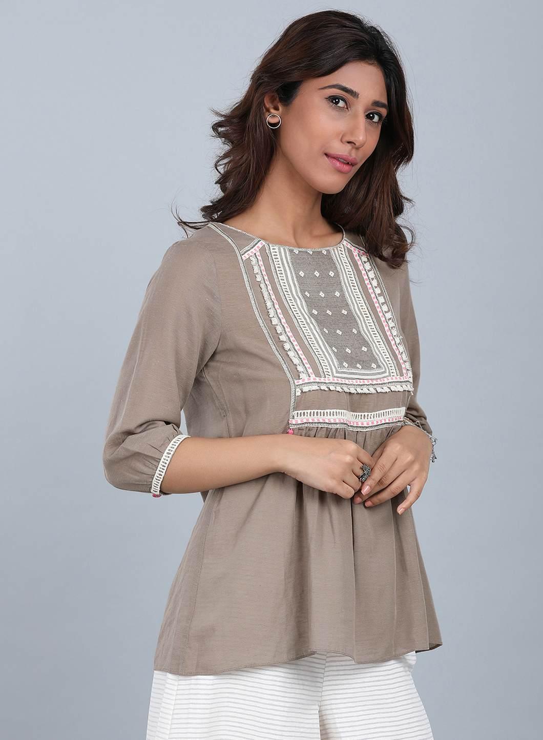 Brown Round Neck Tassel Top - wforwoman