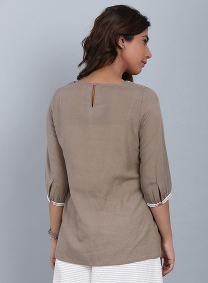 Brown Round Neck Tassel Top - wforwoman