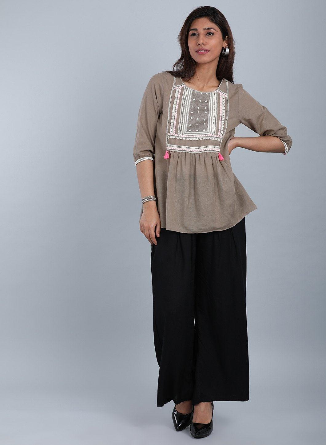 Brown Round Neck Tassel Top - wforwoman