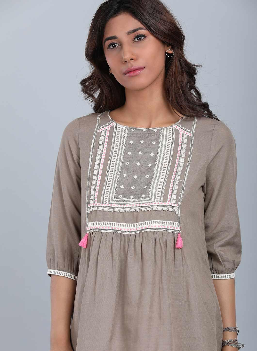 Brown Round Neck Tassel Top - wforwoman