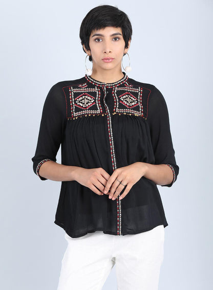 Black Mandarin Neck Gathered Top - wforwoman