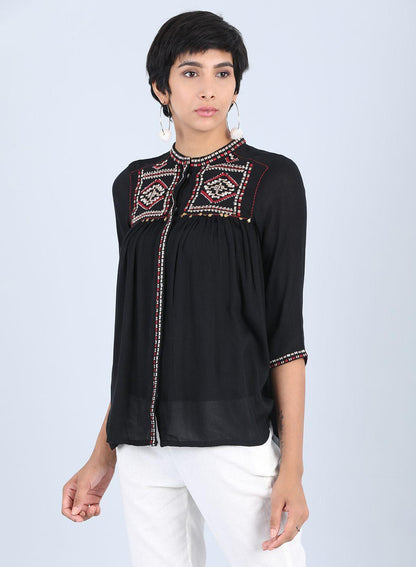 Black Mandarin Neck Gathered Top - wforwoman