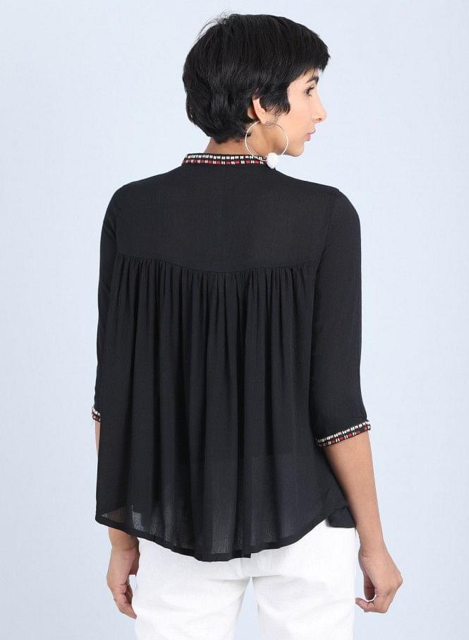 Black Mandarin Neck Gathered Top - wforwoman