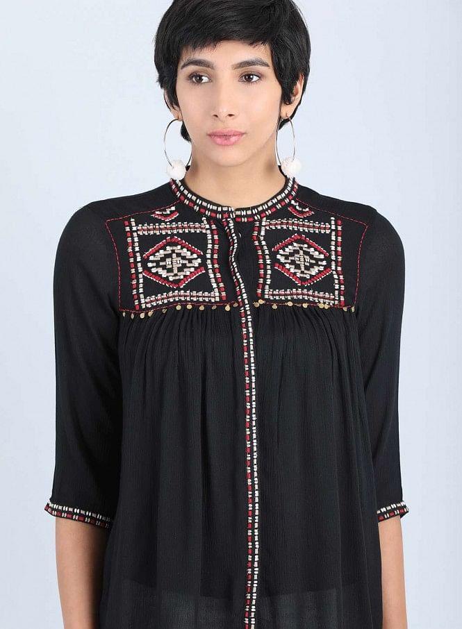 Black Mandarin Neck Gathered Top - wforwoman