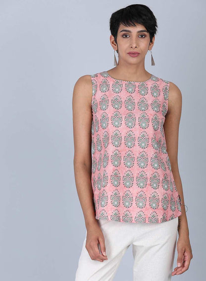 Pink Round Neck Printed Top - wforwoman