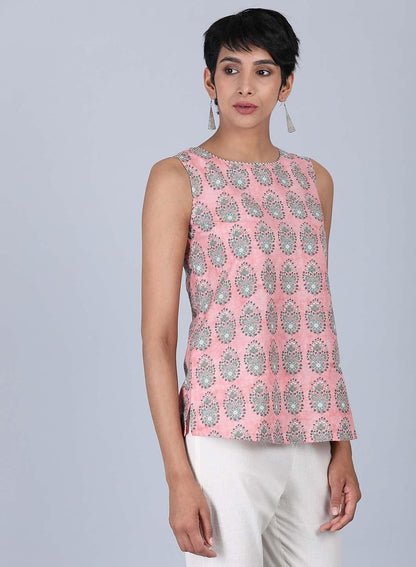 Pink Round Neck Printed Top - wforwoman