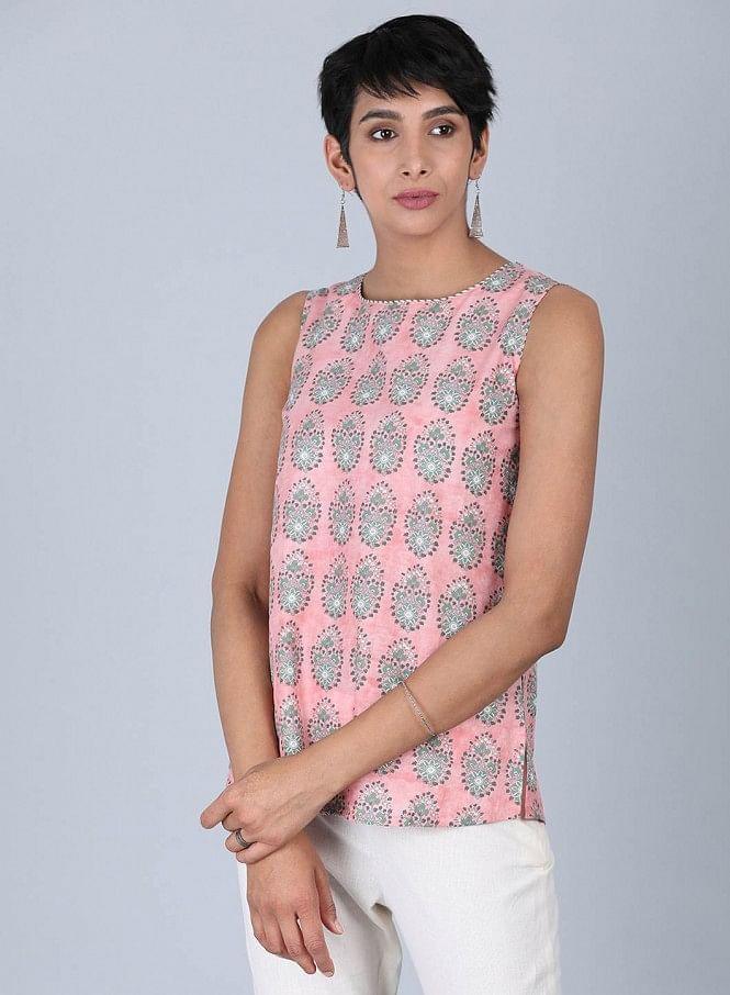 Pink Round Neck Printed Top - wforwoman