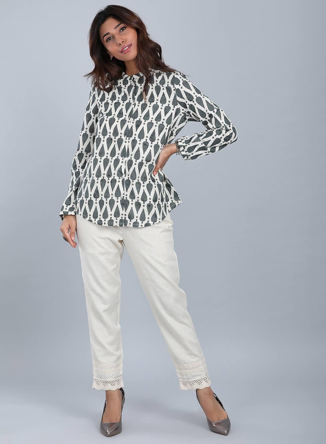 Grey &amp; White Mandarin Neck Top - wforwoman