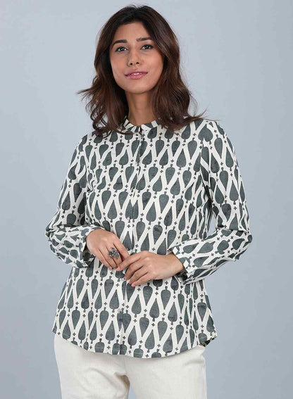 Grey &amp; White Mandarin Neck Top - wforwoman