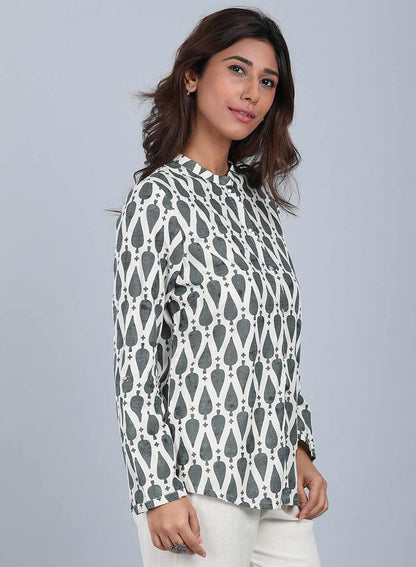 Grey &amp; White Mandarin Neck Top - wforwoman