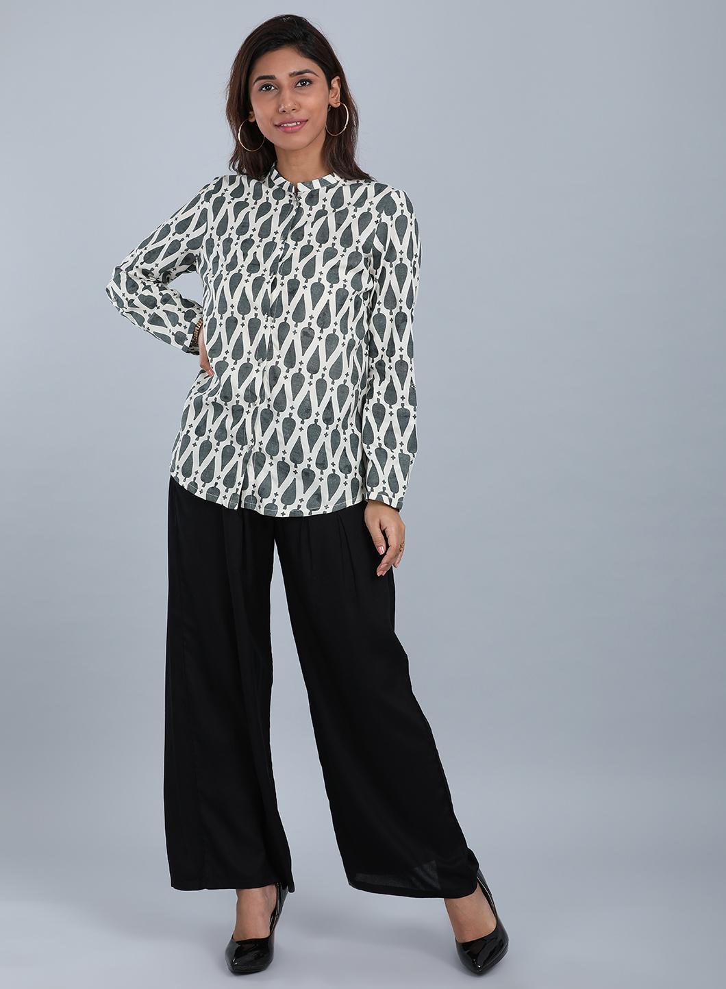 Grey &amp; White Mandarin Neck Top - wforwoman