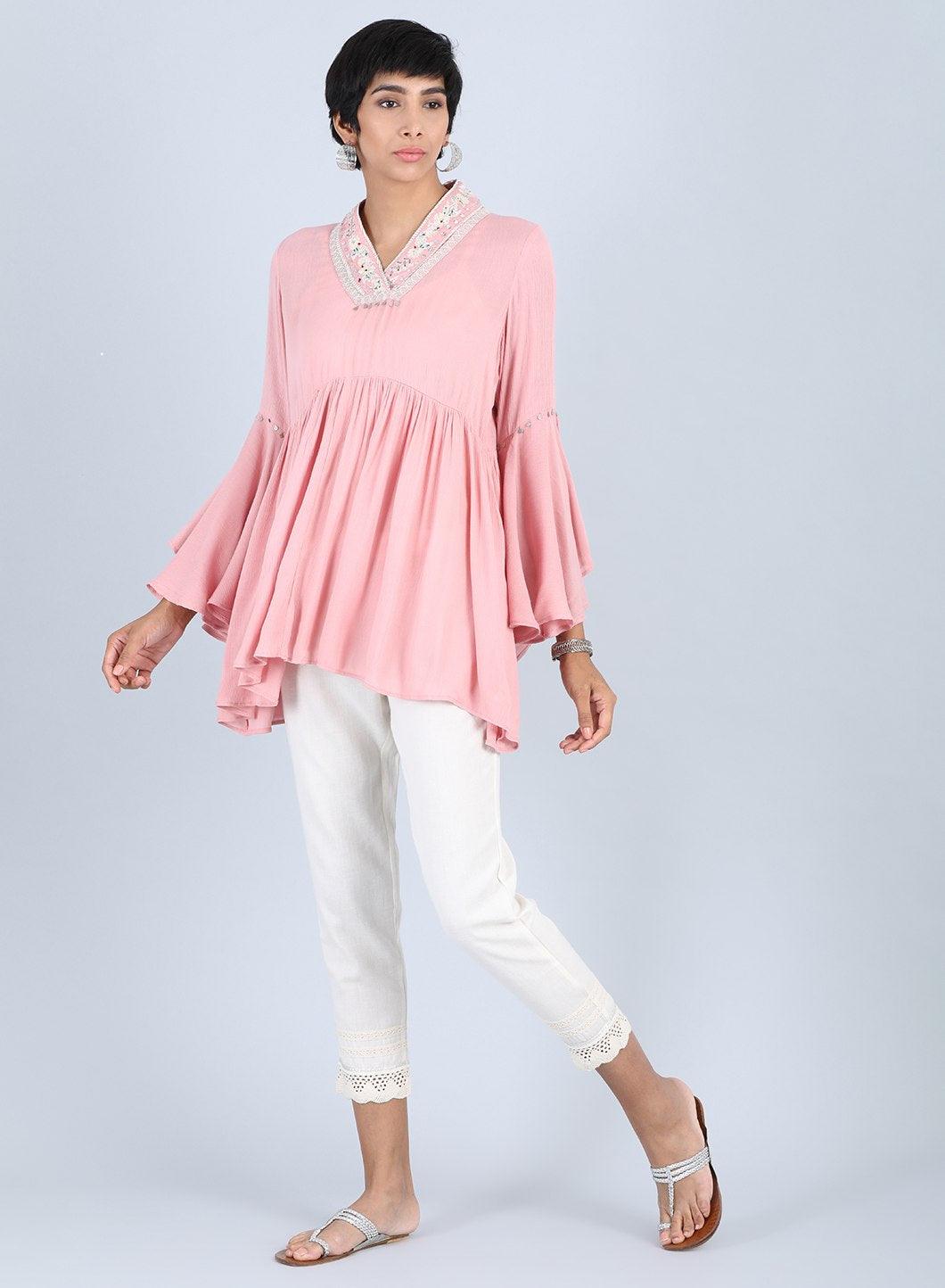 Pink V Neck Gathered Top - wforwoman