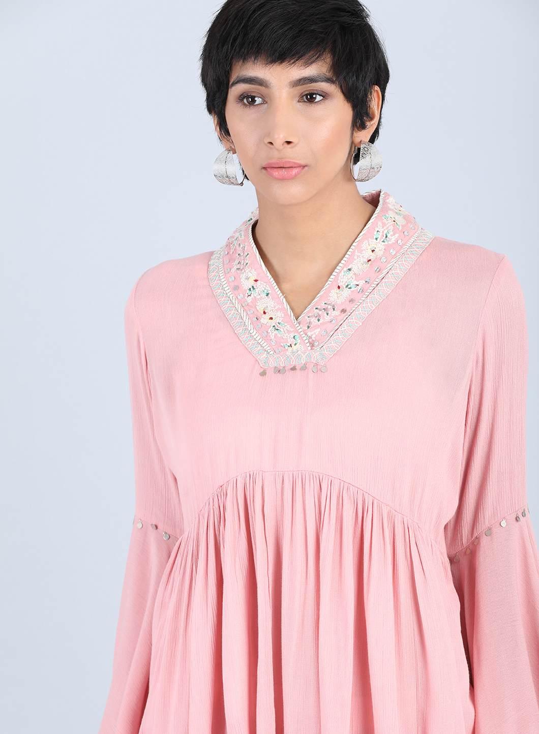 Pink V Neck Gathered Top - wforwoman