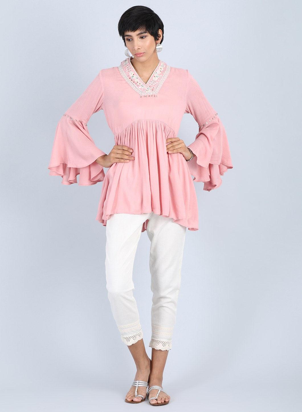 Pink V Neck Gathered Top - wforwoman