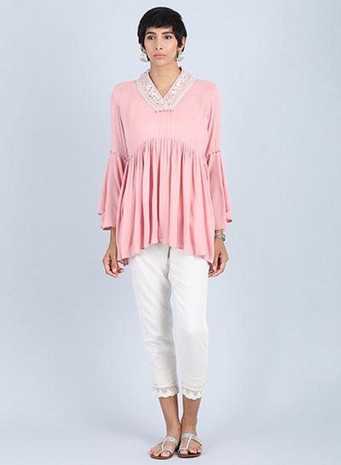 Pink V Neck Gathered Top - wforwoman