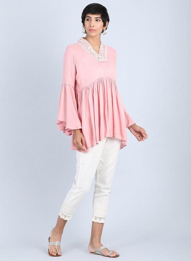 Pink V Neck Gathered Top - wforwoman