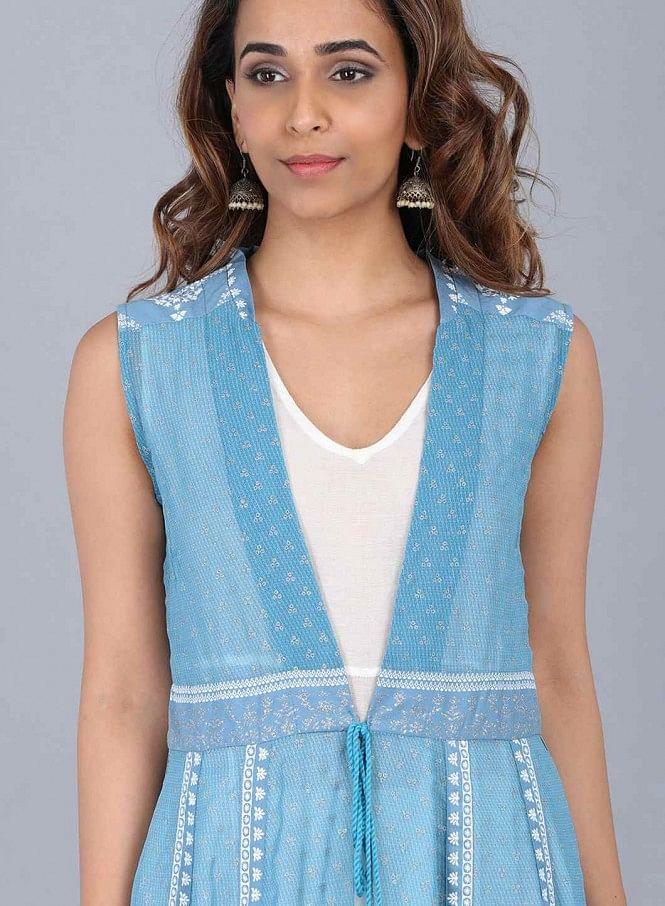 Blue Open Front Printed Gillet - wforwoman