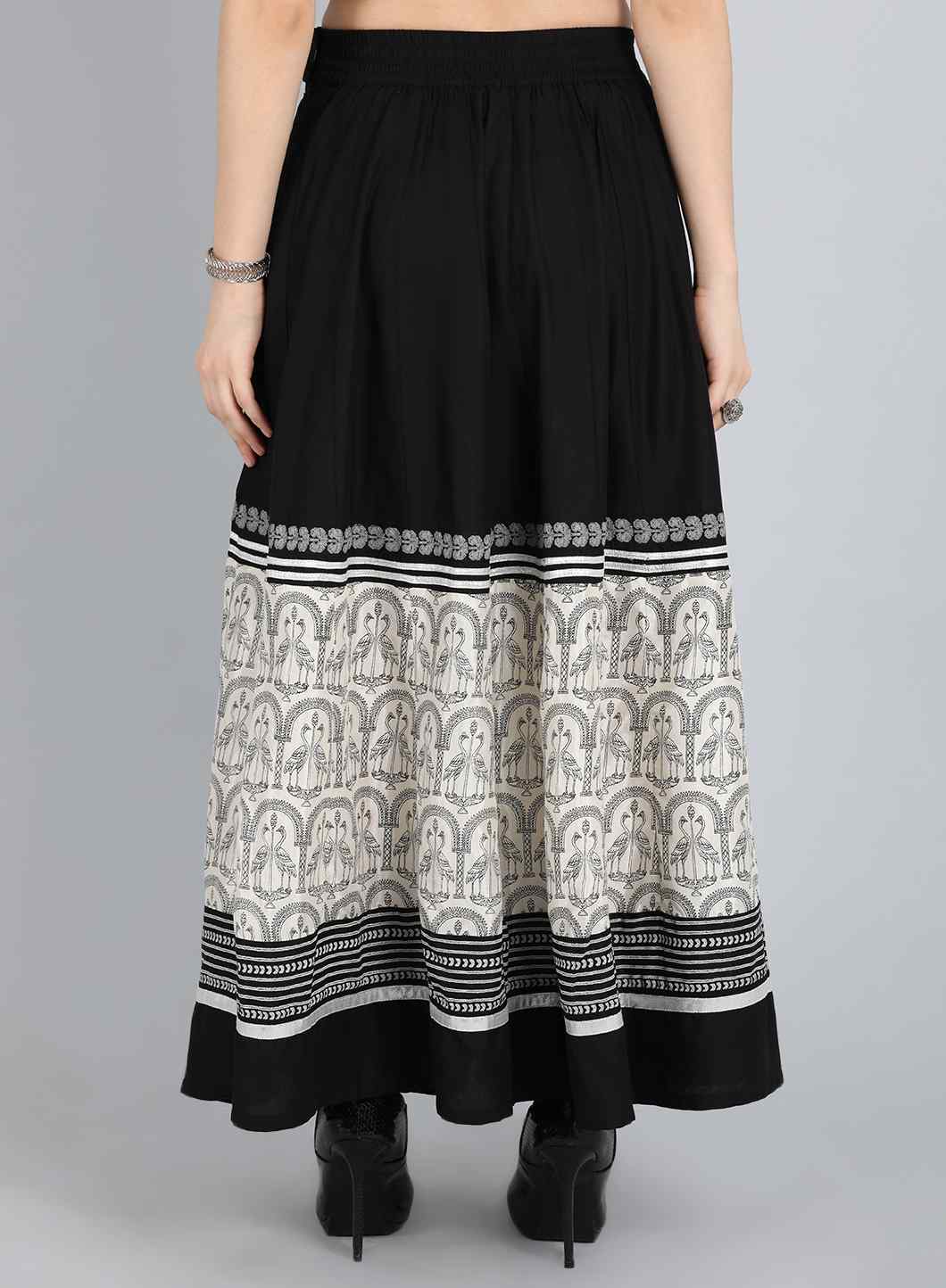 Black &amp; White Printed Flared Skirt