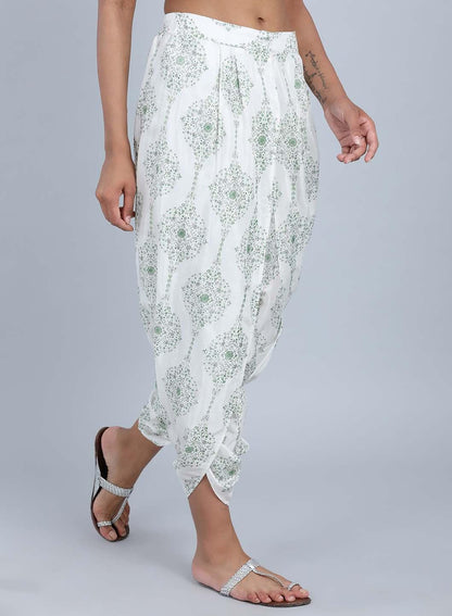 White &amp; Green Printed Tulip Pants - wforwoman