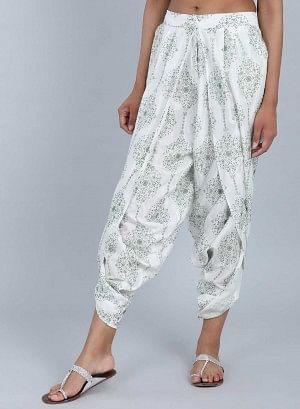 White &amp; Green Printed Tulip Pants - wforwoman