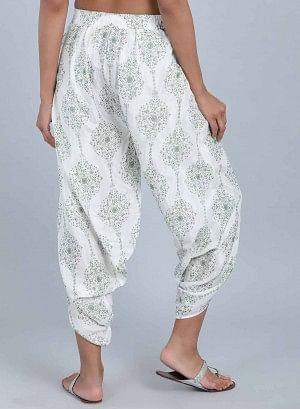 White &amp; Green Printed Tulip Pants - wforwoman