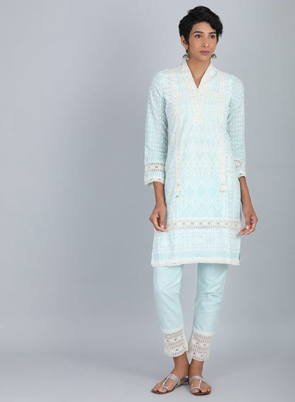 Blue V Neck Printed kurta