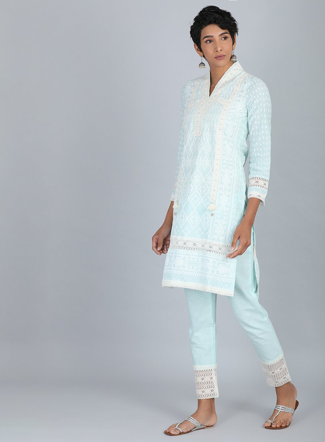 Blue V Neck Printed kurta