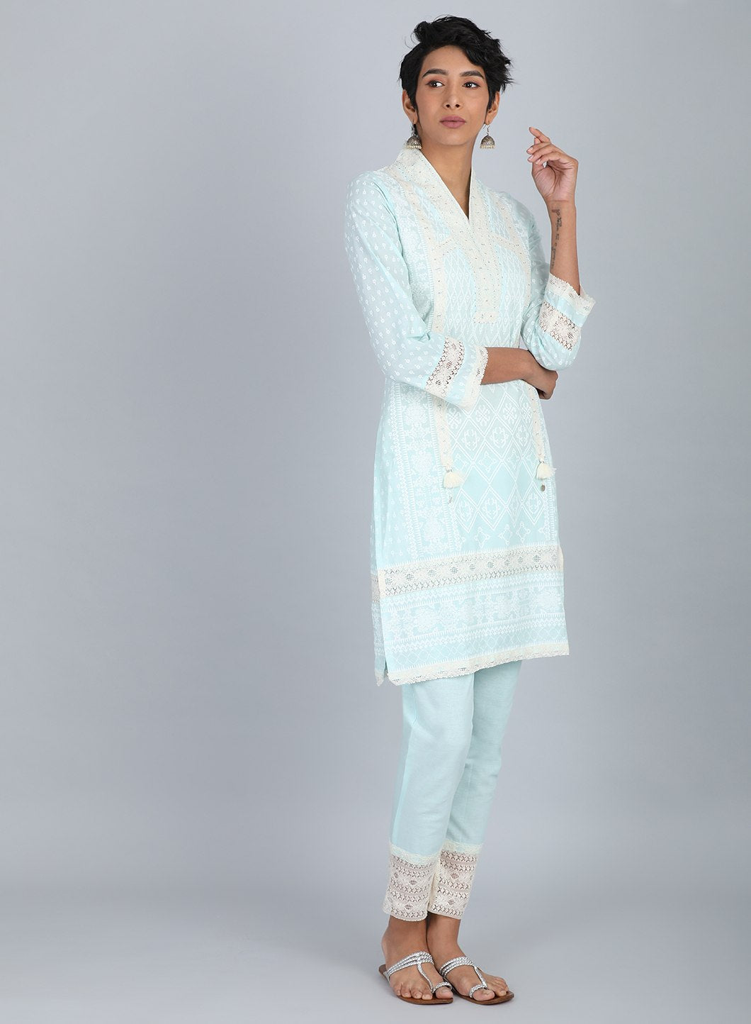 Blue V Neck Printed kurta