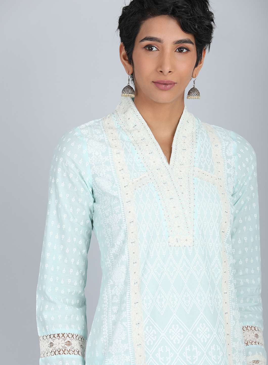 Blue V Neck Printed kurta